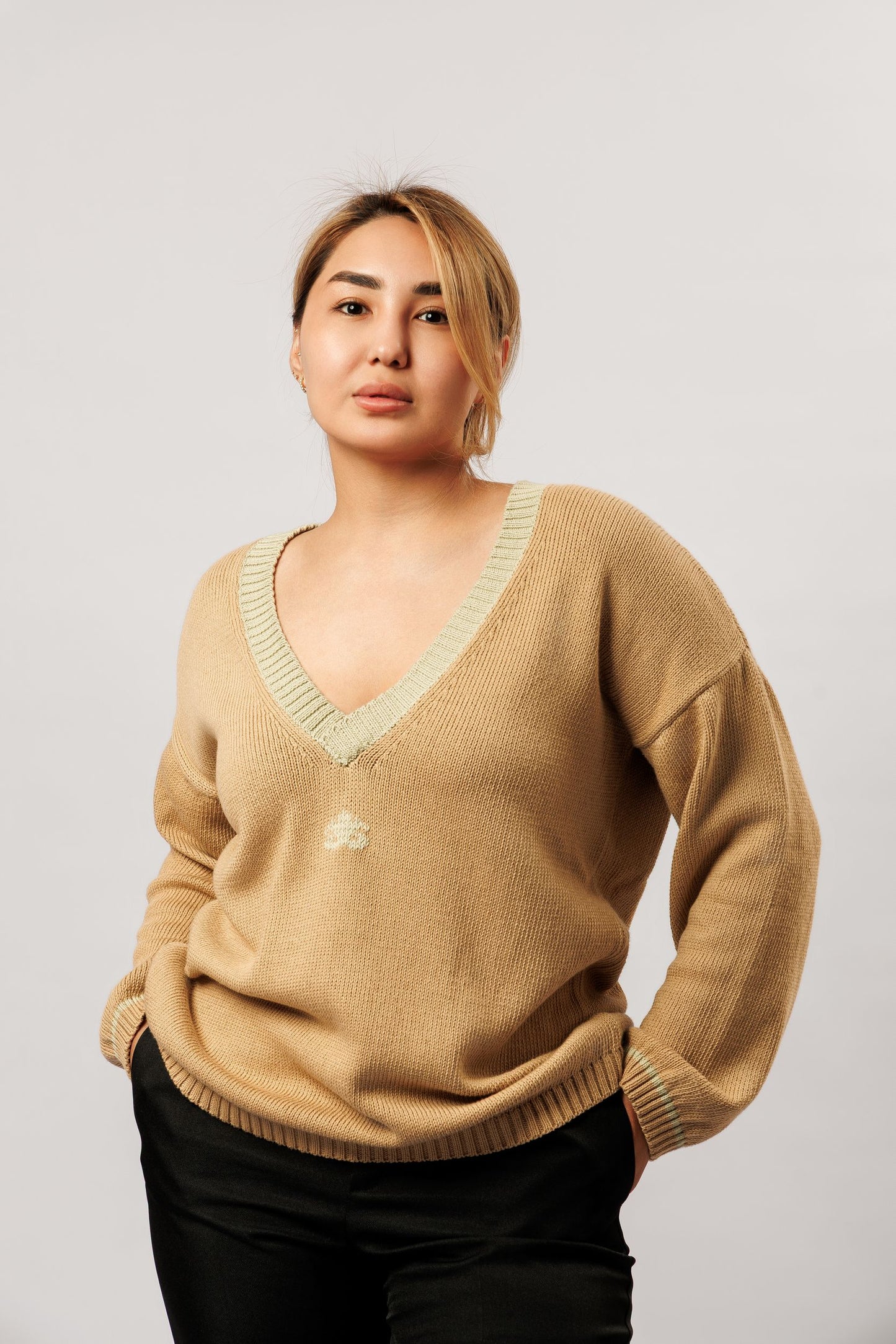 Reversible cotton sweater | beige and olive