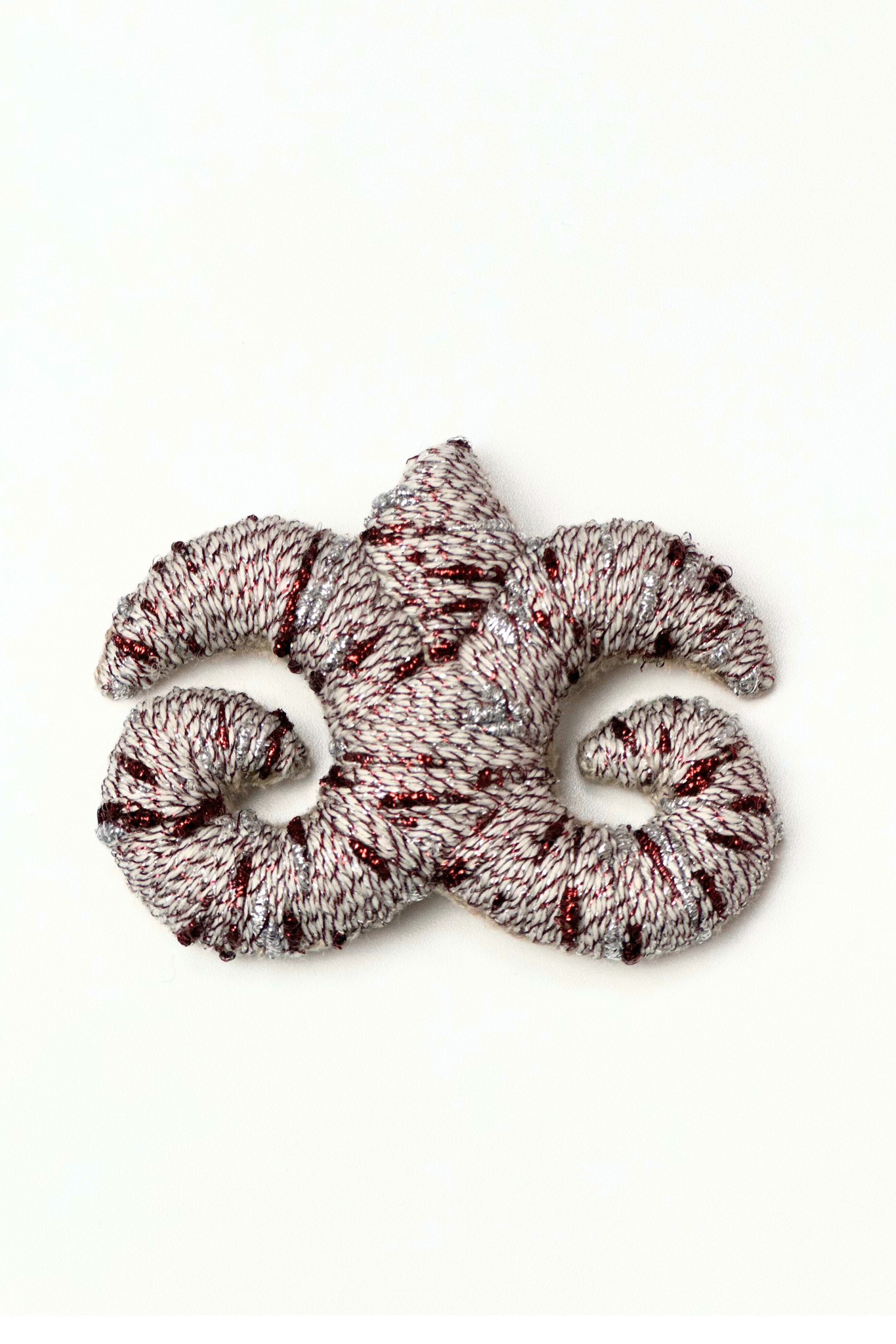 "Accel Erlanovna" Brooch | ivory with silver and burgundy lurex